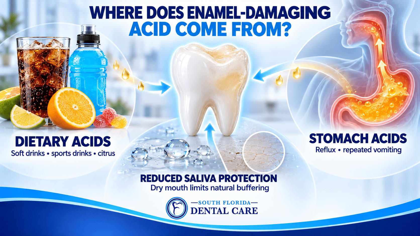 Infographic showing dietary acids, stomach acids and reduced saliva protection associated with tooth erosion