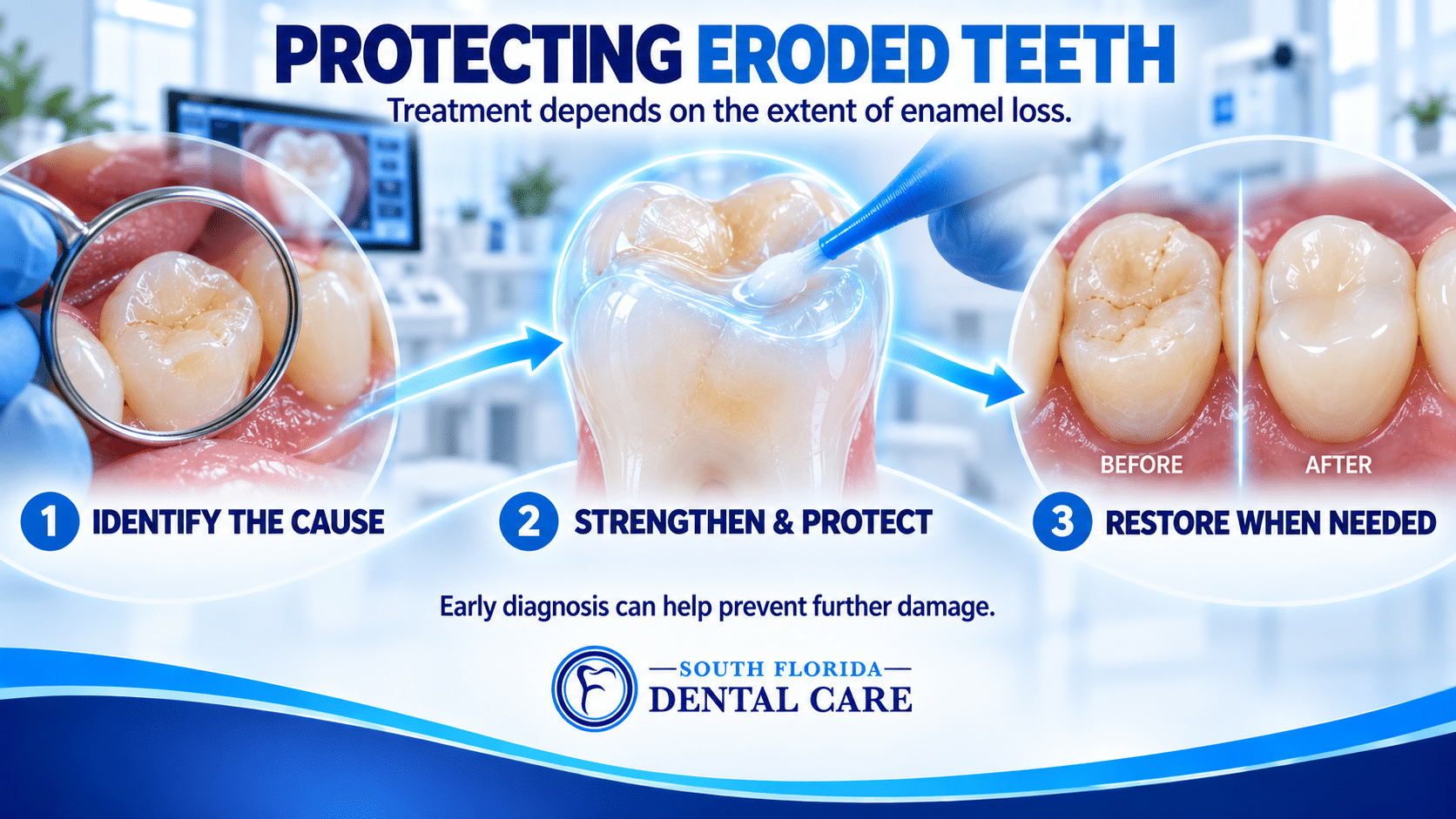 Dental treatment process for identifying, protecting and restoring teeth affected by enamel erosion