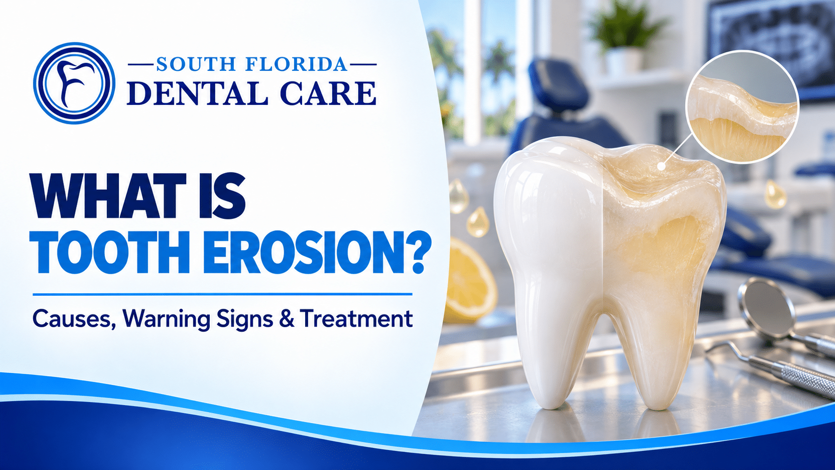Illustration comparing healthy tooth enamel with enamel damaged by tooth erosion