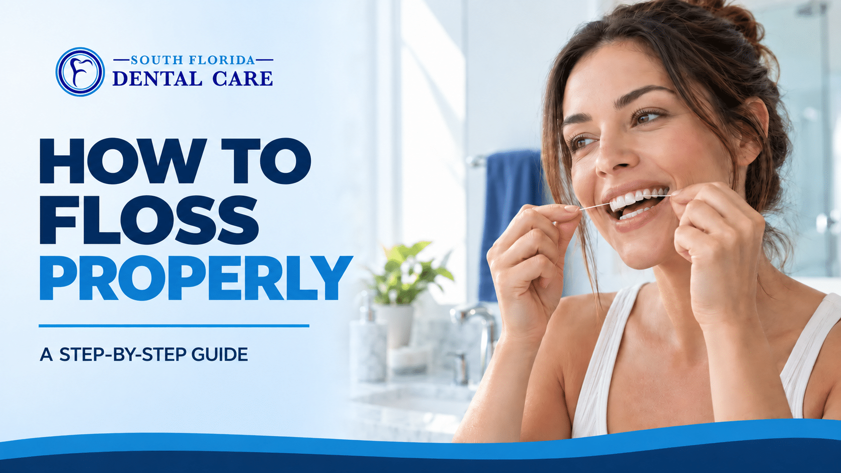 Woman using dental floss beside a South Florida Dental Care headline reading “How to Floss Properly”
