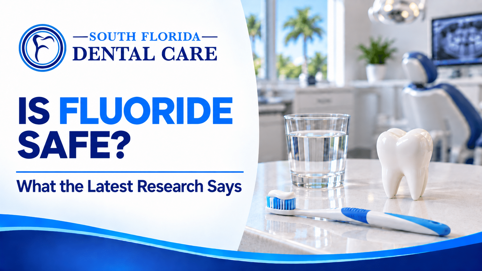 Toothbrush, water glass and healthy tooth model representing current research about fluoride safety